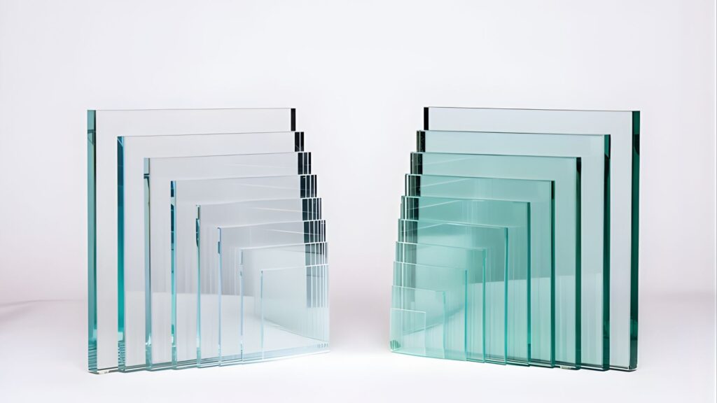 Comparison of low iron glass and standard clear glass panels showing edge tint and clarity differences.