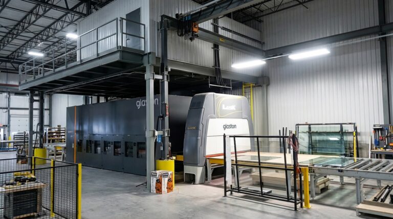 Large CNC glass processing machine operating inside a commercial glass fabrication facility.