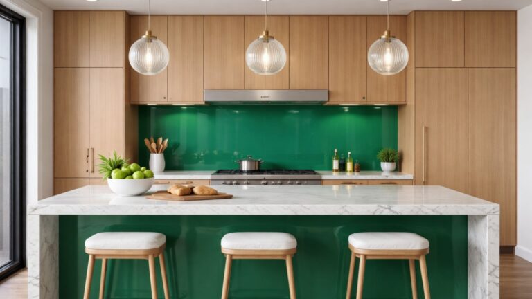 Green back painted glass kitchen backsplash installed behind a modern cooktop with wood cabinetry and marble island.