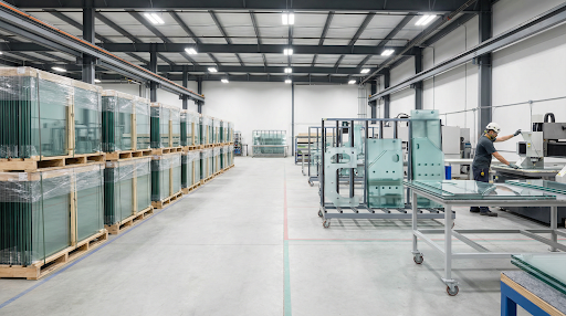 Worker operating in BGGlassTech. for glass fabrication machinery inside a large industrial glass manufacturing facility.