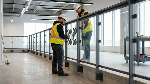 Workers installing a glass railing system inside a commercial building.