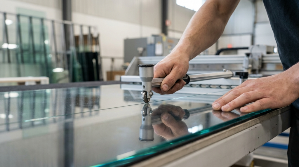 Glass fabrication technician cutting a panel in an industrial facility, illustrating factors that influence glass fabrication lead times.