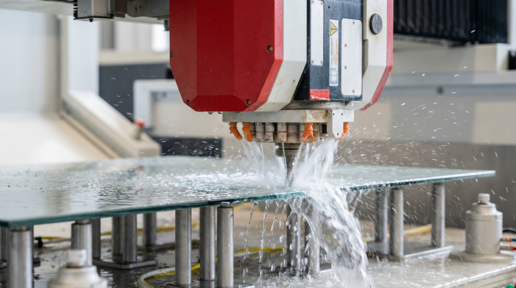 CNC machining process cutting and routing architectural glass panel with water-cooled precision equipment at BG Glass Technologies facility.