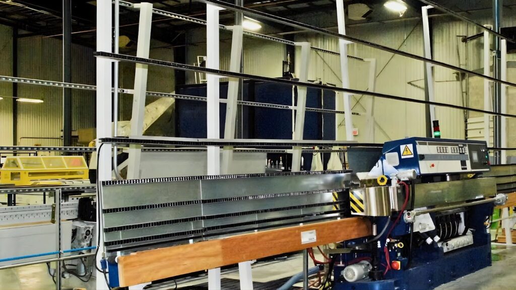 Industrial glass edge finishing machine polishing large architectural glass panels at BG Glass Technologies manufacturing facility.