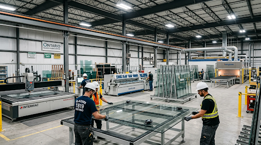 Commercial glass fabrication facility in Ontario producing architectural glass panels for contractors