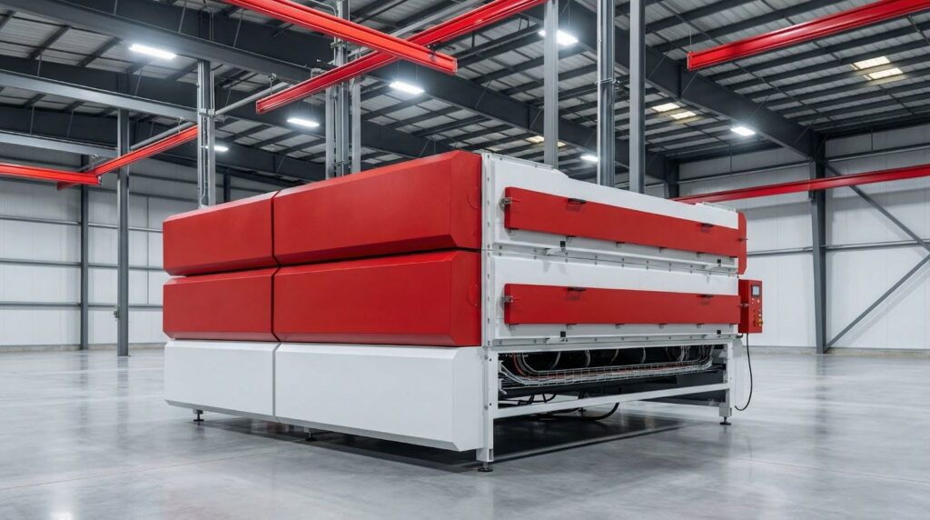 Industrial glass tempering furnace used for heat treating architectural glass panels at BG Glass Technologies facility in Ontario.