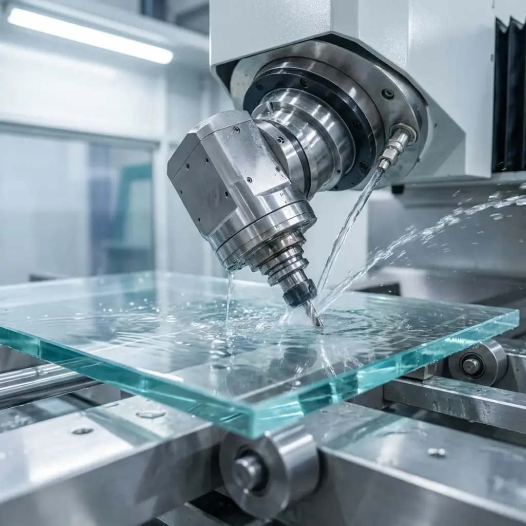 5-axis CNC machine head performing precision drilling on a glass panel with water coolant flow in a clean industrial fabrication environment