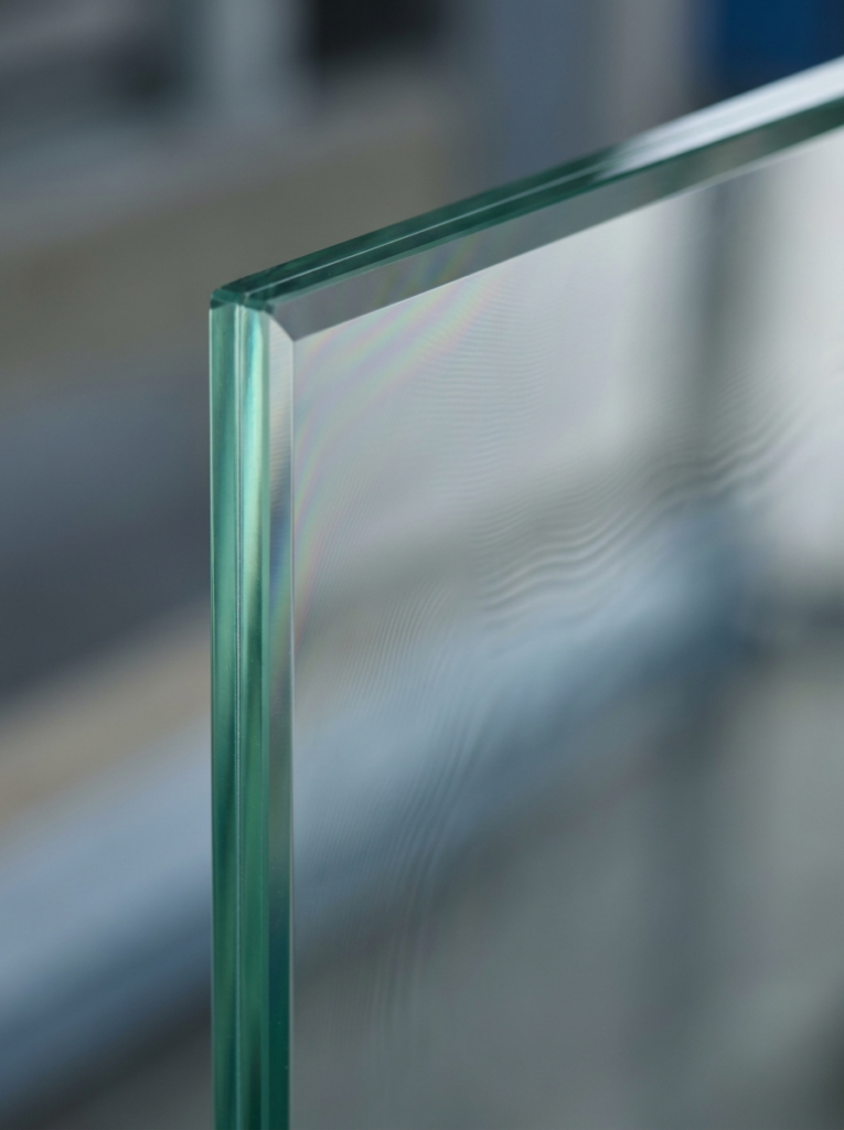 Close-up of tempered glass edge showing light refraction and surface compression pattern with subtle optical distortion